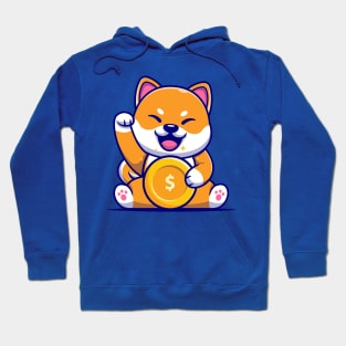 Cute Shiba Inu Dog With Gold Coin Cartoon Hoodie